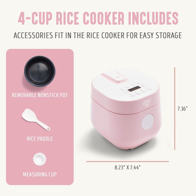 GreenLife Digital Rice Cooker, 2-Cups Uncooked/4-Cups Cooked, Removable Nonstick Ceramic PFAS-Free Pot, One-Touch Presets, Oats, Quinoa, Brown Rice, Auto Keep Warm, Fuzzy Logic Tech, 1.5QT, Pink - Image 2